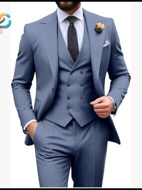 Men's Slim Fit 3-Piece Double Breasted Suit Set Formal Wedding Tuxedo